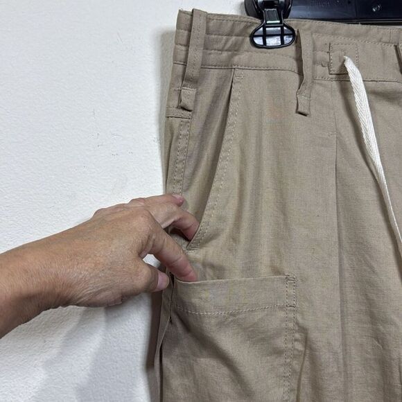 (J) Zara Women Linen Blend Cargo Pants Beige, Straight Leg, Wide Cuffs at Ankle - Picture 3 of 13